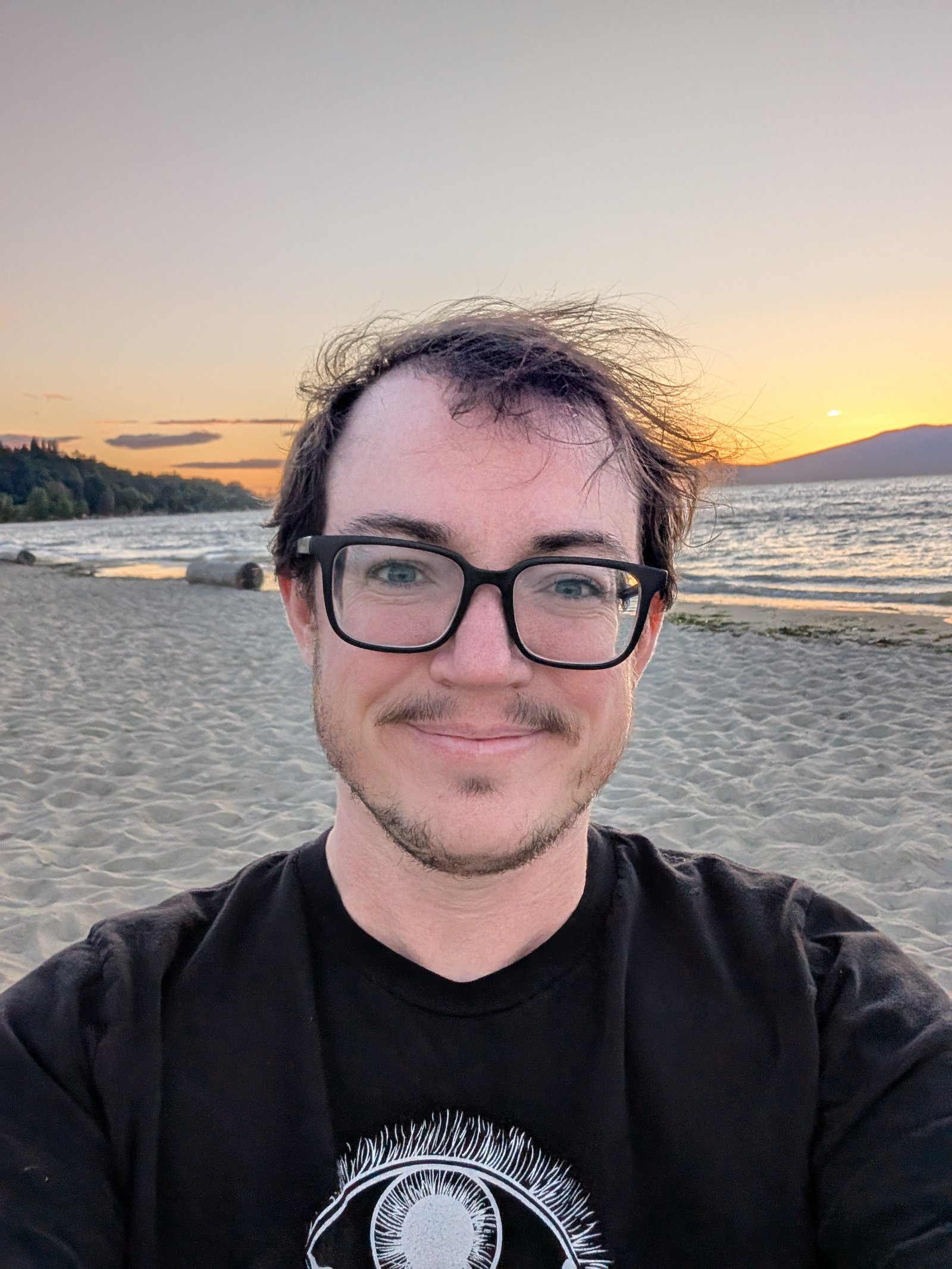 A selfie of a caucasian man with short brown hair and blue eyes standing on a beach at sunset. It's in an inlet so mountains are visible across the water. His hair is blowing wildly in the wind and he is smiling a closed-mouth smile. He's wearing glasses and a black shirt with a line drawing of an an eye in white visible.